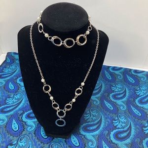 Silver Tone Various Sized Circles with Faux Pearls Dangle Necklace and Bracelet